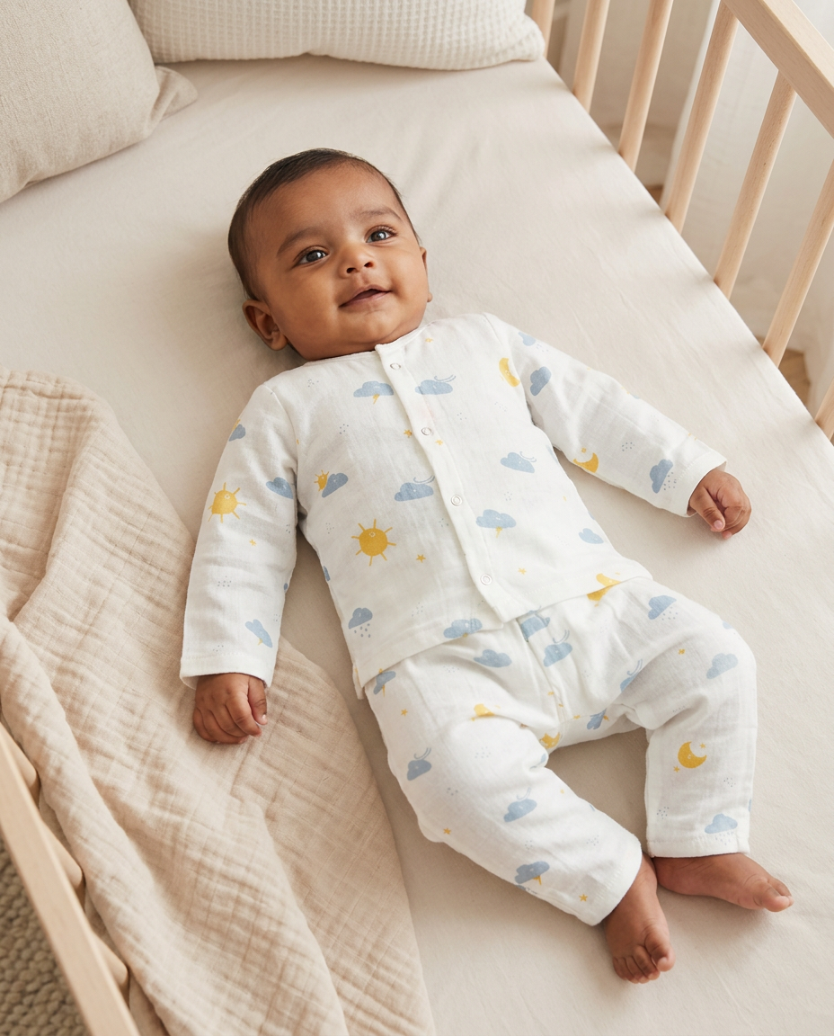Baby Night Suit Jabla & Pants / Pyjama Set - 100% Organic Muslin Cotton - Sun and Cloud