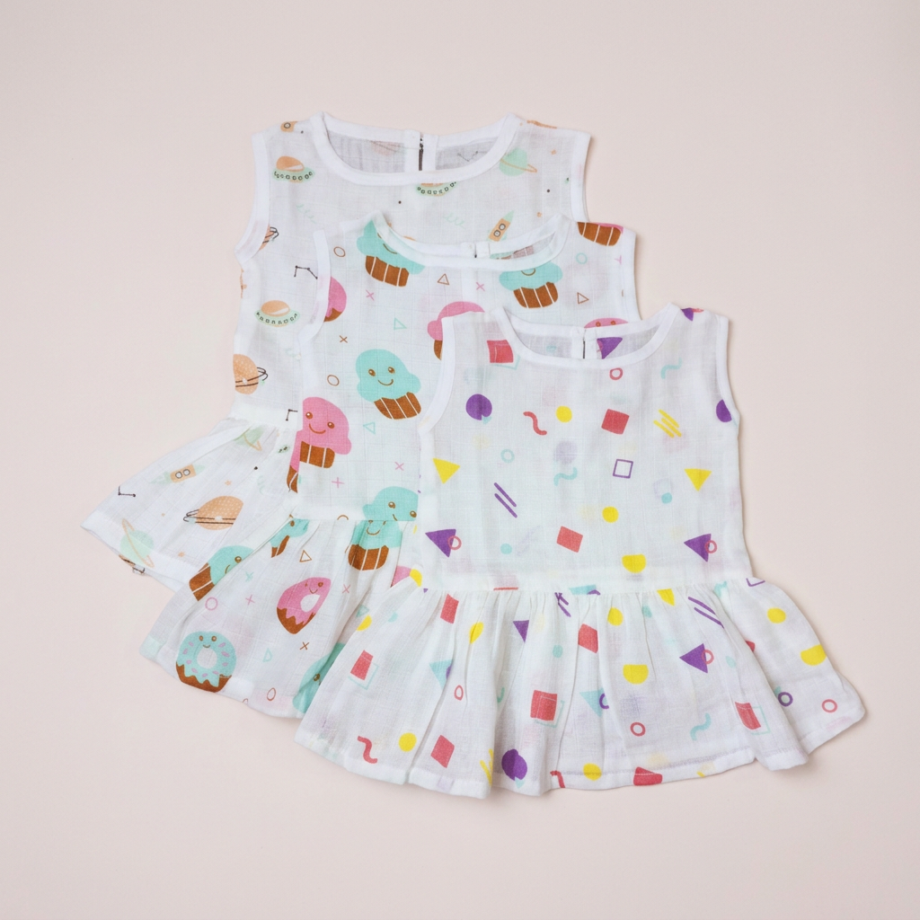100% Organic Muslin Cotton Frock For Baby Girl | 3-6 Months | Combo Pack of 3