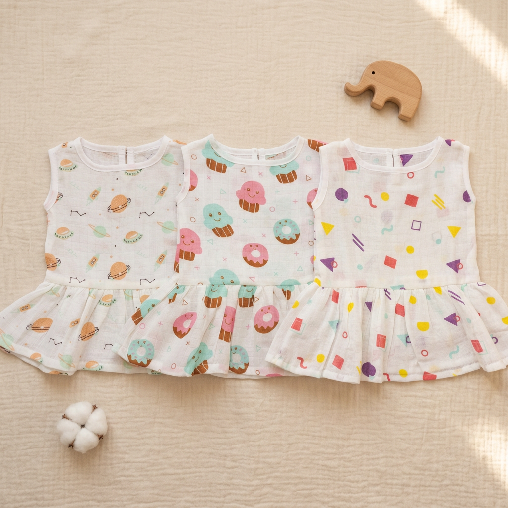 100% Organic Muslin Cotton Frock For Baby Girl | 3-6 Months | Combo Pack of 3