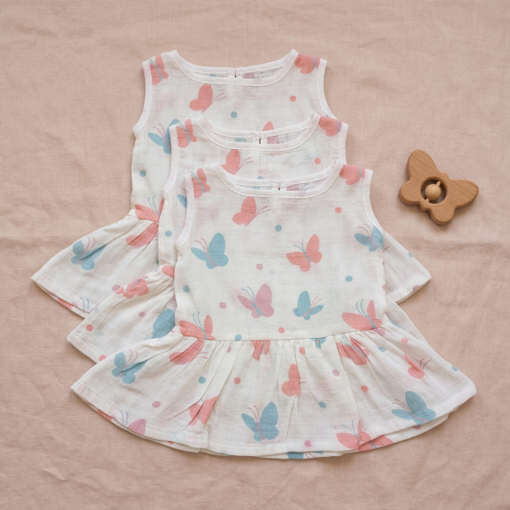 100% Organic Muslin Cotton Frock For Baby Girl | Butterfly | 6-12 months