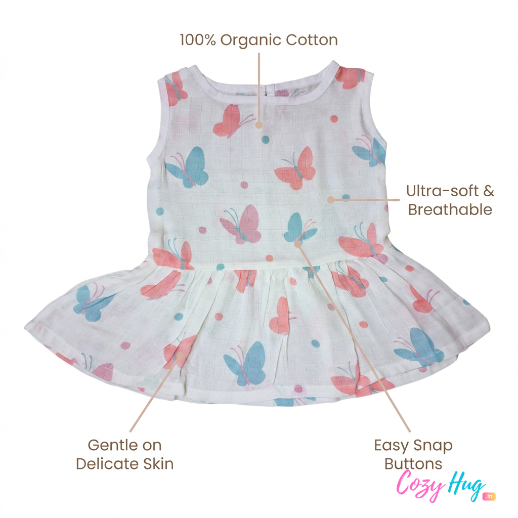 100% Organic Muslin Cotton Frock For Baby Girl | Butterfly | 6-12 months
