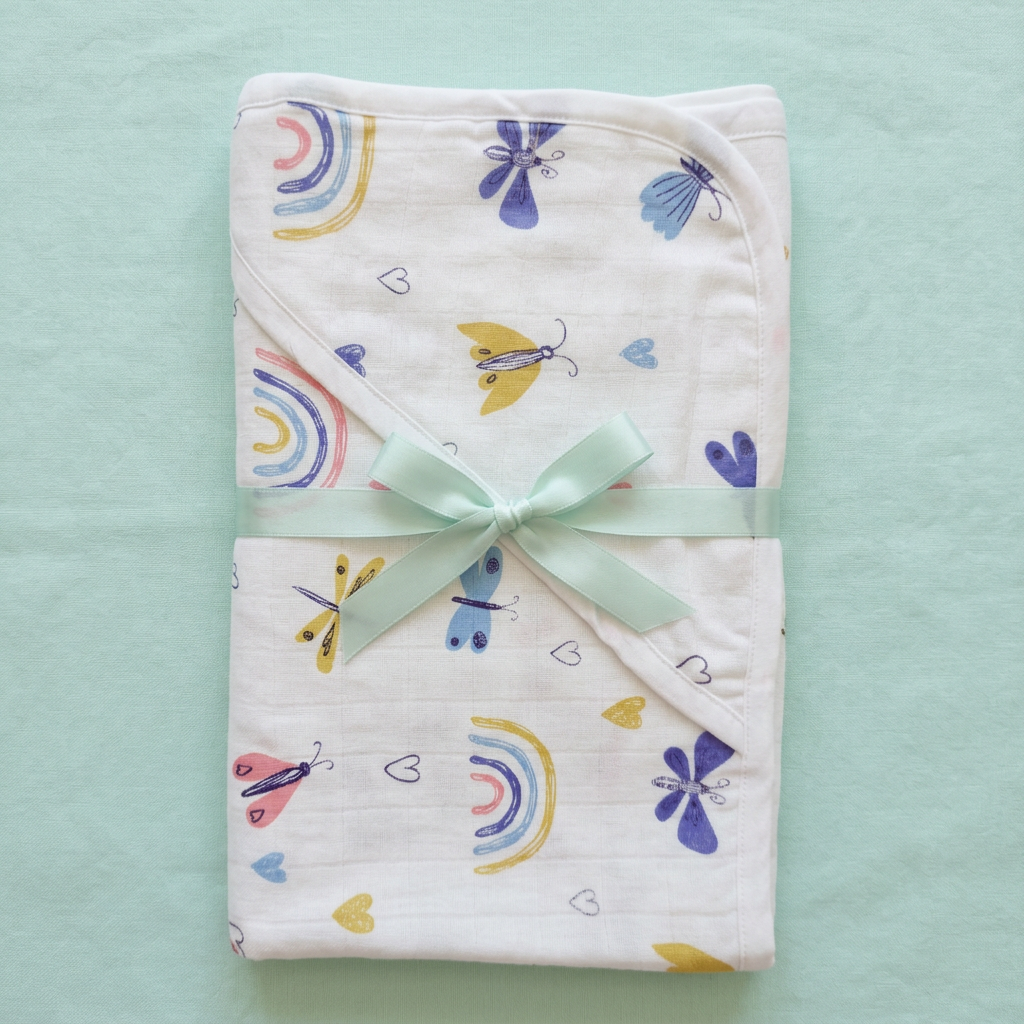 Muslin Hooded Towel - 100% Organic Cotton - Rainbow and Butterflies