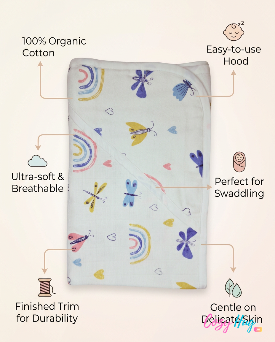 Muslin Hooded Towel - 100% Organic Cotton - Rainbow and Butterflies