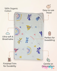 Muslin Hooded Towel - 100% Organic Cotton - Rainbow and Butterflies