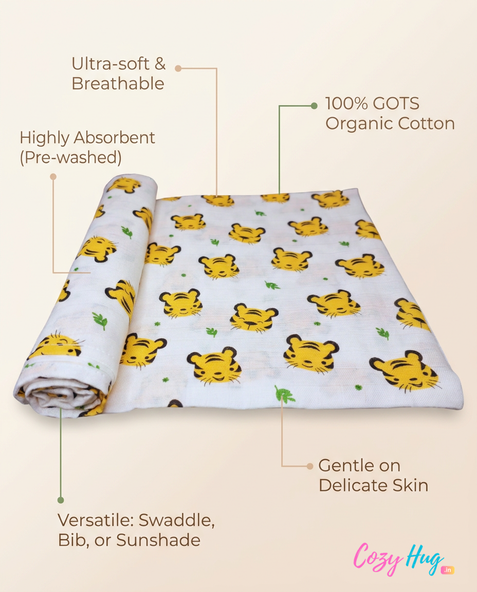 Organic Muslin Cotton Swaddle | Tiger