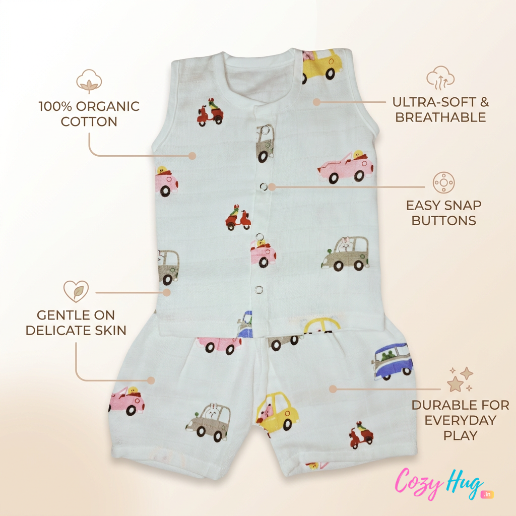 Jabla Co Ord Set - Jabla Shorts - 100% Organic Muslin Cotton - Cars