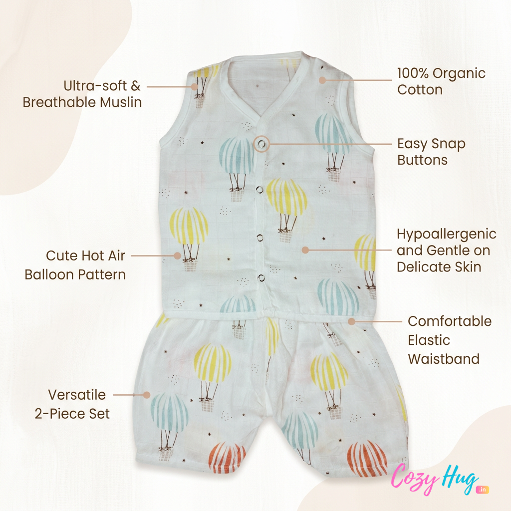 Jabla Co Ord Set - Jabla Shorts - 100% Organic Muslin Cotton - Hot Air Balloon
