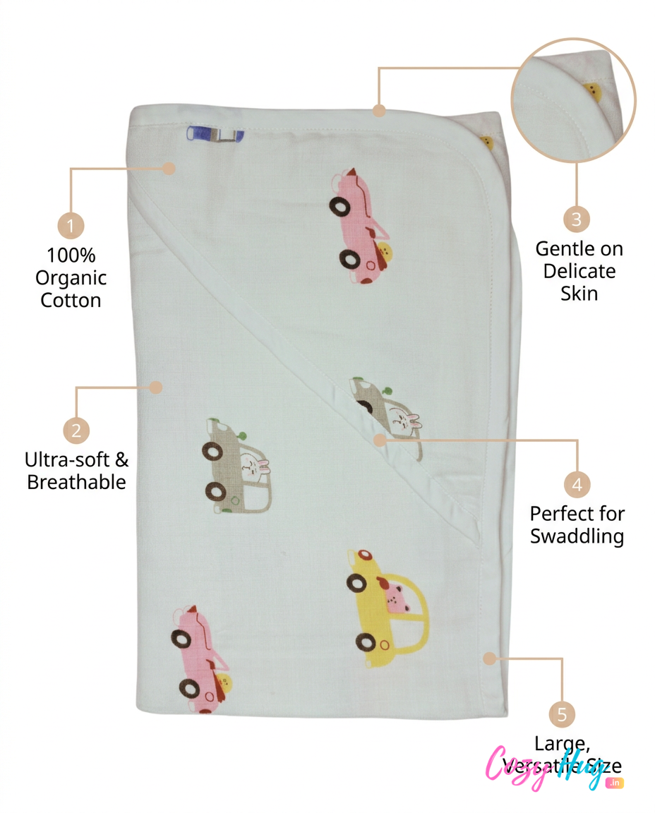 Muslin Hooded Towel - 100% Organic Cotton - Colorful Cars