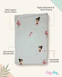 Muslin Hooded Towel - 100% Organic Cotton - Flamingo
