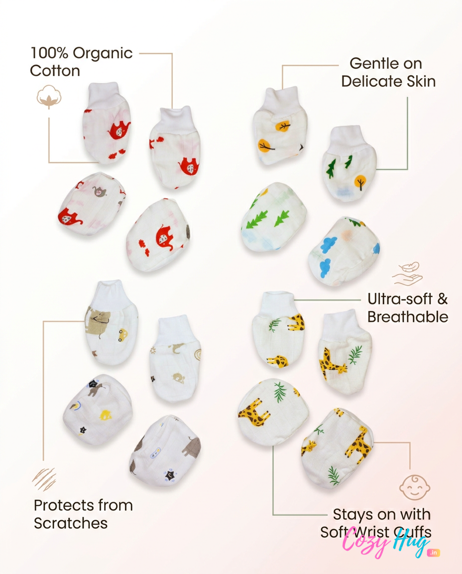 Muslin Mittens and booties | New Born | Combo of 4 pairs