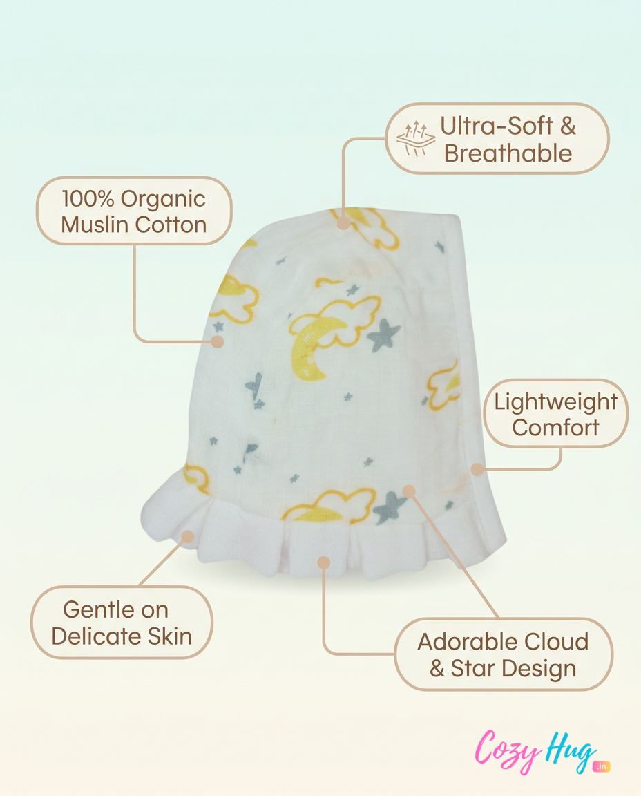 Muslin Newborn Bonnet Hats - 100% Organic Cotton - Cloud Moon