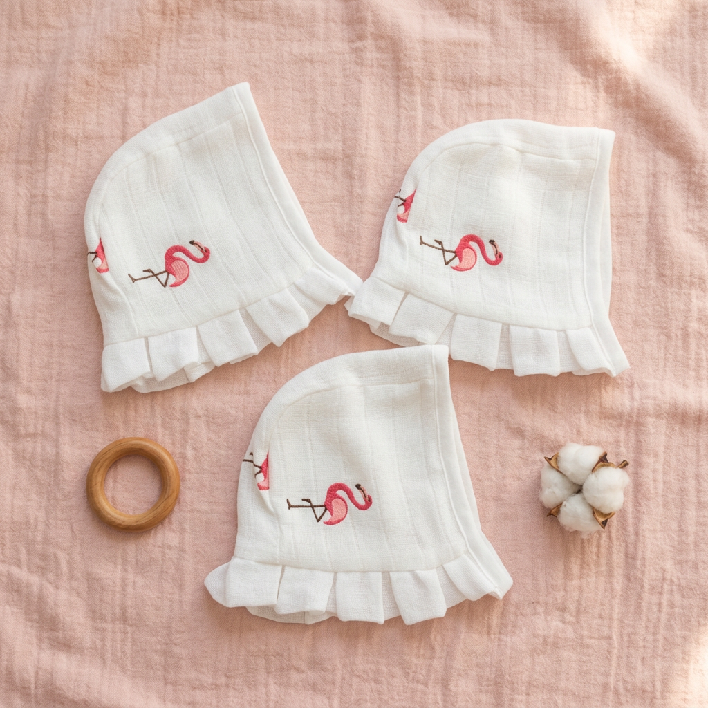 Muslin Newborn Bonnet Hats - 100% Organic Cotton - Flamingo