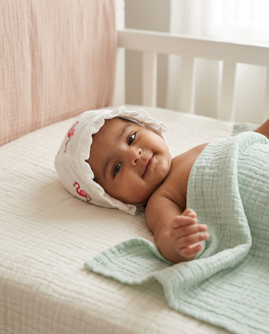 Muslin Newborn Bonnet Hats - 100% Organic Cotton - Flamingo