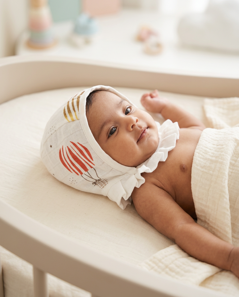 Muslin Newborn Bonnet Hats - 100% Organic Cotton - Hot Air Balloon