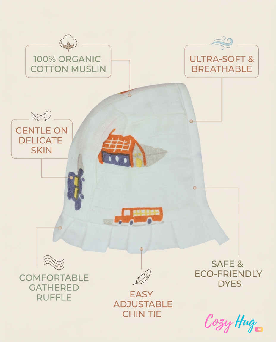 Muslin Newborn Bonnet Hats - 100% Organic Cotton - House and Bus