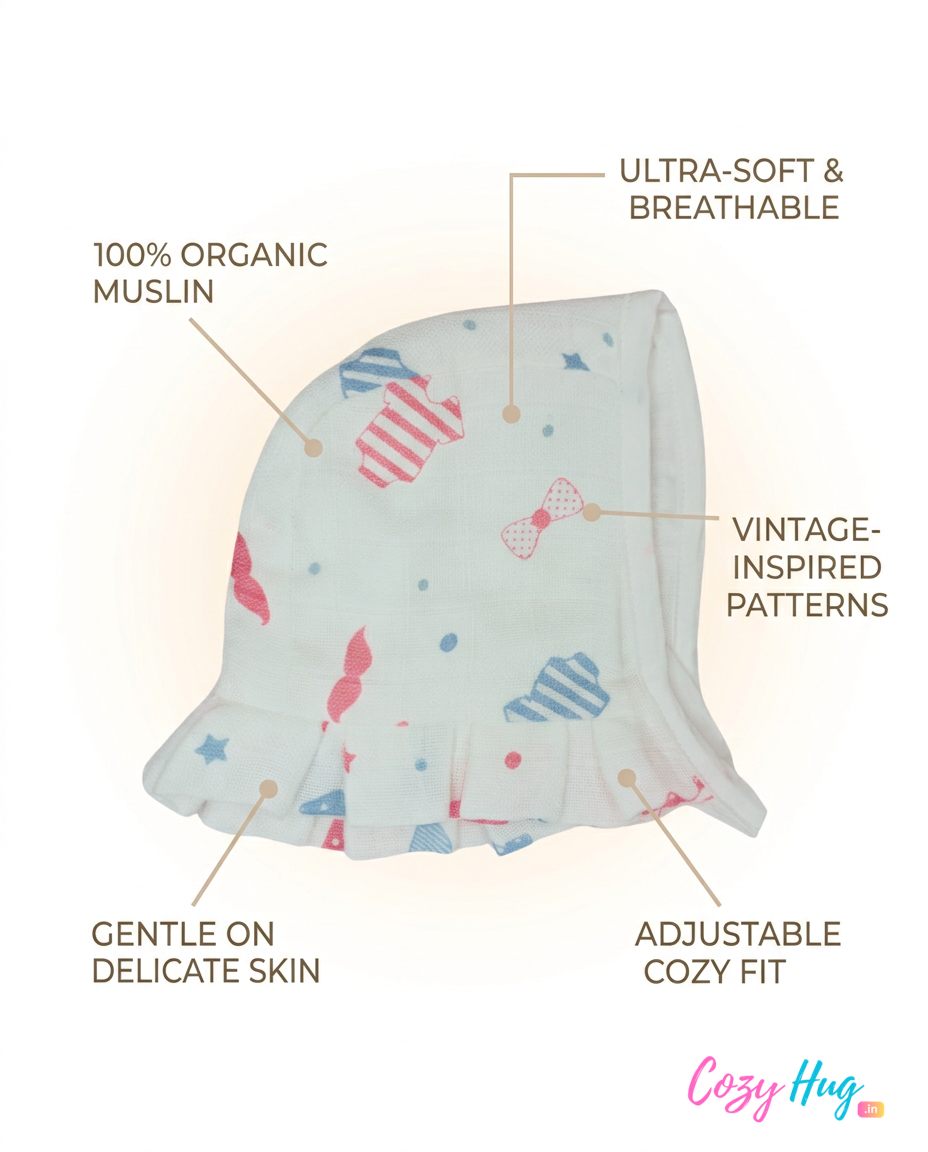 Muslin Newborn Bonnet Hats - 100% Organic Cotton - Newborn