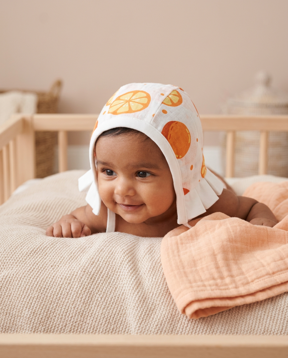 Muslin Newborn Bonnet Hats - 100% Organic Cotton - Orange