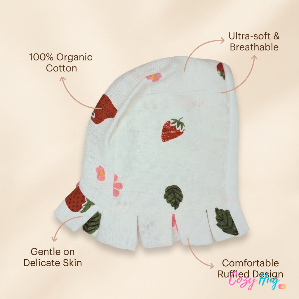 Muslin Newborn Bonnet Hats - 100% Organic Cotton - Strawberry