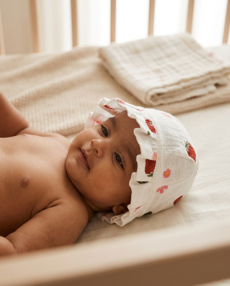 Muslin Newborn Bonnet Hats - 100% Organic Cotton - Strawberry