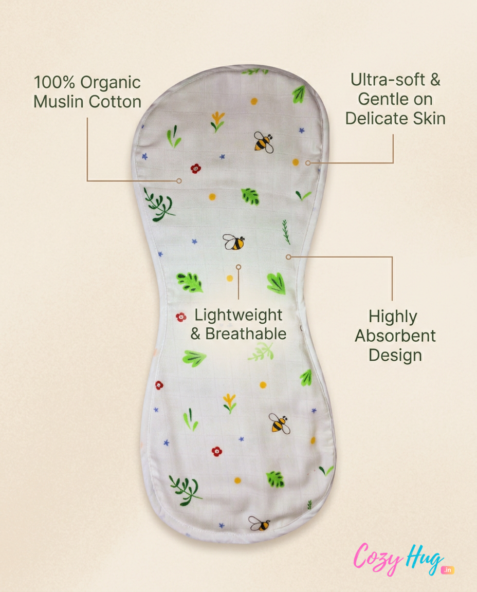 Organic Muslin Burp cloth - Bee Green leaves