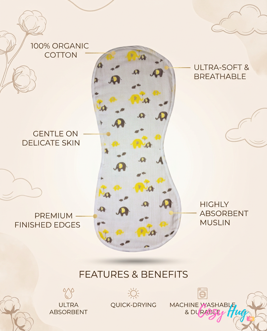 Organic Muslin Burp cloth - Yellow Elephant