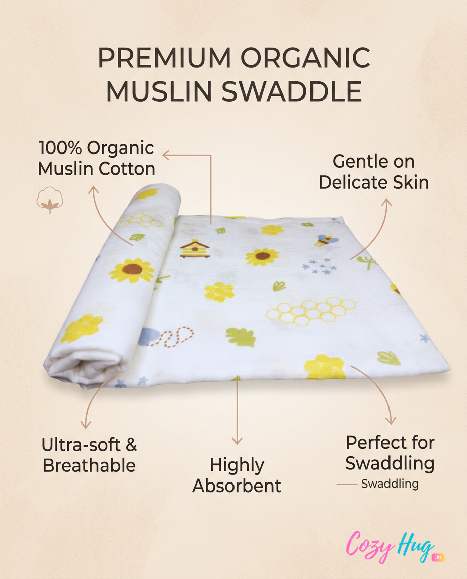 Organic Muslin Cotton Swaddle | Honey Bee