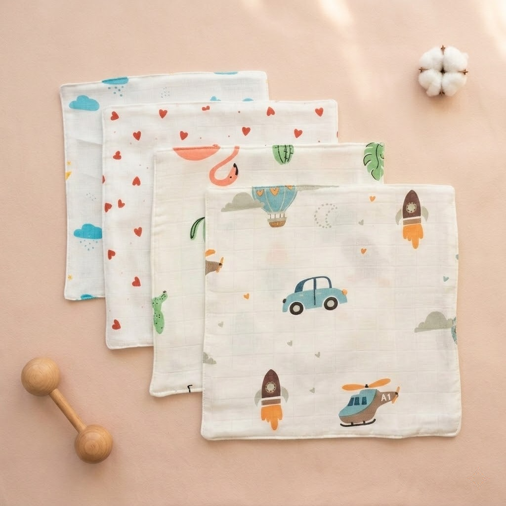 100% Muslin Baby Wipe Clothes - Pack of 4 - Assorted